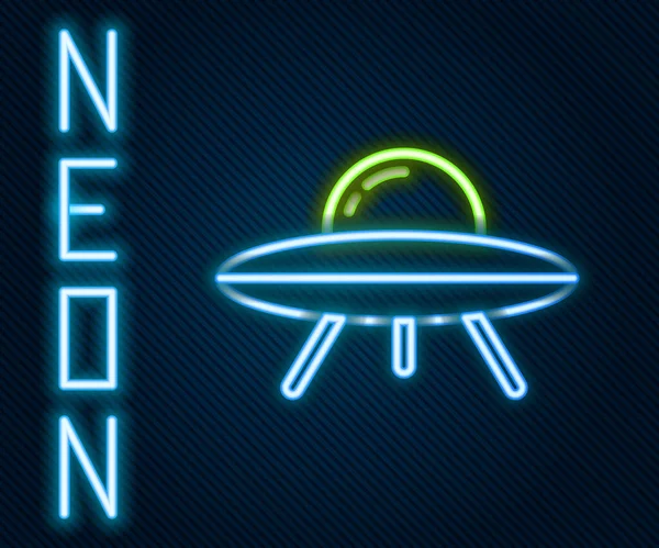 Glödande Neon Linje Ufo Flygande Rymdskepp Ikon Isolerad Svart Bakgrund — Stock vektor