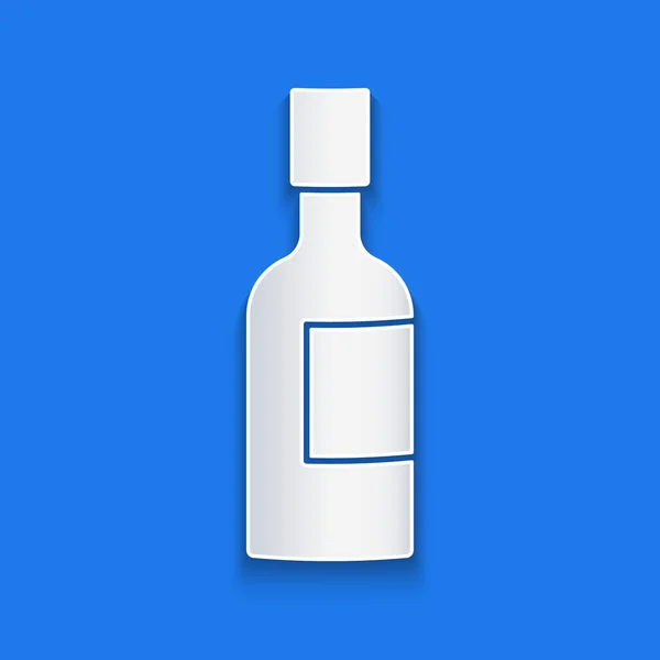 Icône Bouteille Champagne Découpée Papier Isolé Sur Fond Bleu Style — Image vectorielle