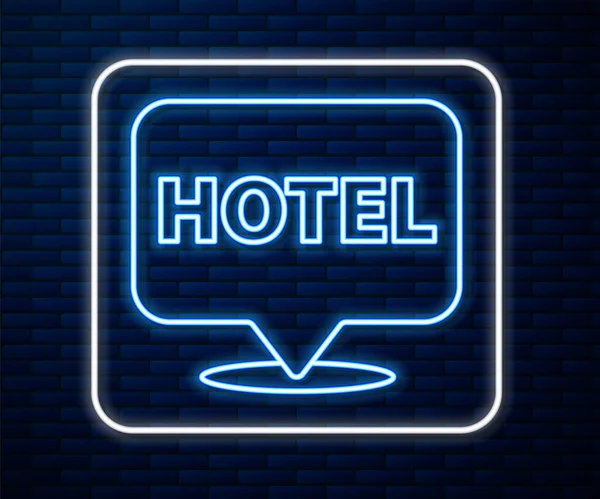 Glowing Neon Line Location Hotel Icon Isolated Brick Wall Background — Stock Vector