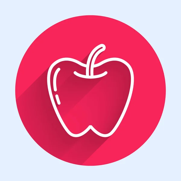 Biała Linia Ikona Apple Odizolowana Długim Cieniem Owoce Symbolem Liści — Wektor stockowy