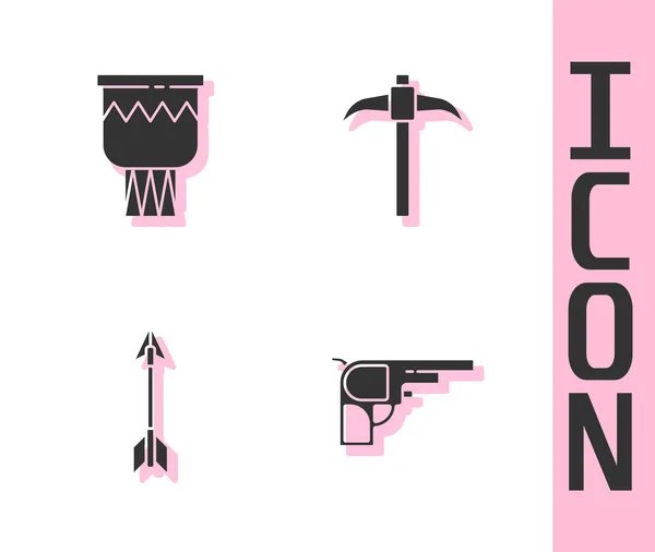 Conjunto Revólver Tambor Flechas Cruzadas Pickaxe Icono Vector — Vector de stock