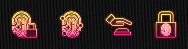 Set Line Palm Print Recognition Fingerprint Lock Glowing Neon Icon — Stock Vector