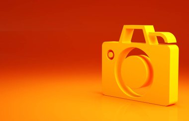 Sarı fotoğraf makinesi simgesi turuncu arkaplanda izole edildi. Fotoğraf makinesi simgesi. Minimalizm kavramı. 3d illüstrasyon 3B canlandırma
