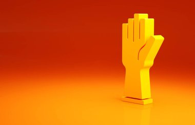 Sarı lastik eldiven ikonu turuncu arka planda izole edildi. Lateks el koruması işareti. Ev işi temizlik ekipmanları sembolü. Minimalizm kavramı. 3d illüstrasyon 3B canlandırma