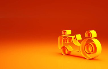 Sarı traktör simgesi turuncu arkaplanda izole edildi. Minimalizm kavramı. 3d illüstrasyon 3B canlandırma