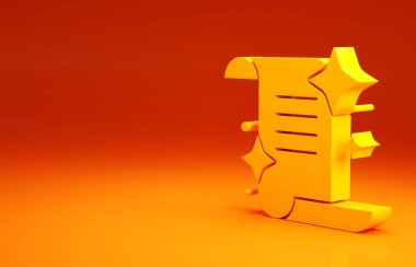 Sarı Eskiler 'in sihirli kitabı. Simya tarifleri, mistik büyüler ve turuncu arka planda izole edilmiş büyü simgeleri. Minimalizm kavramı. 3d illüstrasyon 3B canlandırma