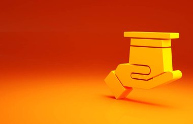 Sarı Sihirbaz şapkası, turuncu arka planda izole edilmiş el simgesi. Sihir numarası. Gizemli eğlence konsepti. Minimalizm kavramı. 3d illüstrasyon 3B canlandırma