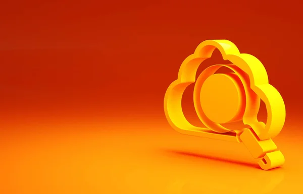 Żółta ikona wyszukiwania chmury obliczeniowej odizolowana na pomarańczowym tle. Powiększenie szkła i chmury. Koncepcja minimalizmu. Ilustracja 3D 3D renderowania — Zdjęcie stockowe
