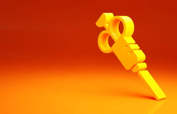 Gelbe Spritze Symbol isoliert auf orangefarbenem Hintergrund. Spritze für Impfstoff, Impfung, Injektion, Grippeimpfung. Medizinische Geräte. Minimalismus-Konzept. 3D Illustration 3D Renderer — Stockfoto