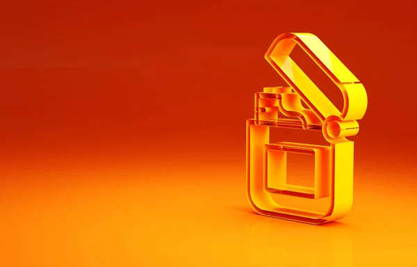 Żółta ikona zapalniczki izolowana na pomarańczowym tle. Koncepcja minimalizmu. Ilustracja 3D 3D renderowania — Zdjęcie stockowe