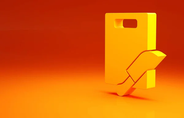 Amarelo placa de corte e faca ícone isolado no fundo laranja. Símbolo de tábua de corte. Símbolo de talheres. Conceito de minimalismo. 3D ilustração 3D render — Fotografia de Stock
