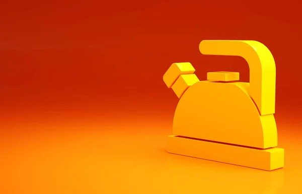 Желтый чайник с иконкой ручки изолирован на оранжевом фоне. Значок чайника. Концепция минимализма. 3D-рендеринг — стоковое фото