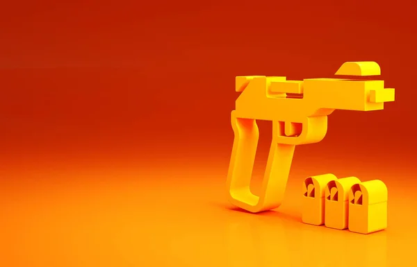 Pistola amarela ou ícone de arma isolado no fundo laranja. Polícia ou arma militar. Arma de fogo pequena. Conceito de minimalismo. 3D ilustração 3D render — Fotografia de Stock