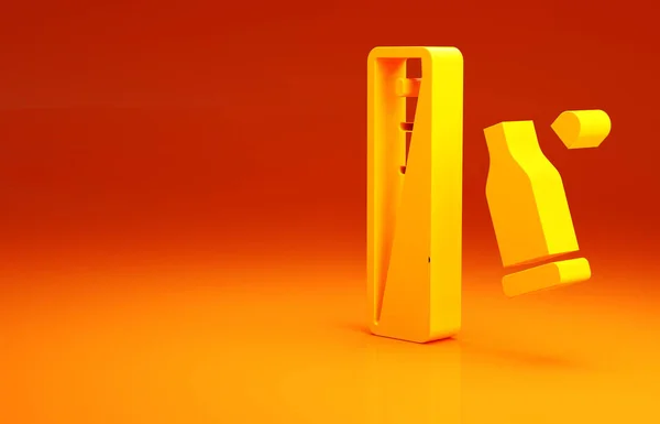 Yellow Bullet Gehäuse als Beweisstück mit forensischem Lineal zur Dokumentation Symbol isoliert auf orangefarbenem Hintergrund platziert. Tatort-Konzept. Minimalismus-Konzept. 3D Illustration 3D Renderer — Stockfoto