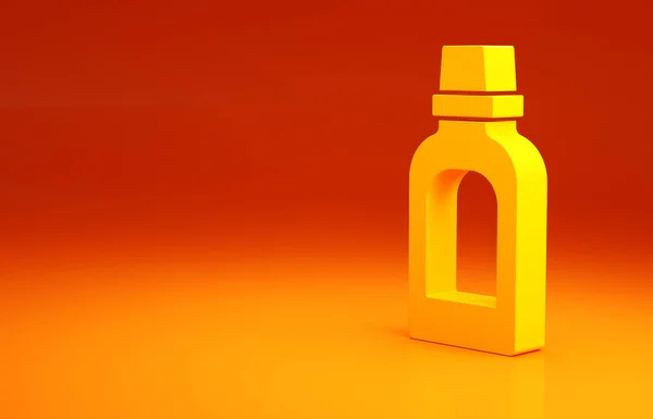 세탁 세제, 표백제, 식기 세척제 또는 오렌지 배경에 분리 된 다른 세척제 아이콘을 위한 노란색 플라스틱 병이다. 미니멀리즘의 개념입니다. 3d 삽화 3D 렌더링 — 스톡 사진