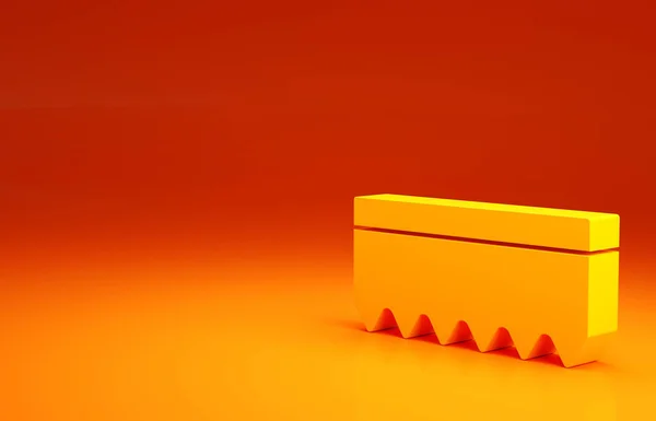 Жовта піктограма губки ізольована на помаранчевому фоні. Не вистачає вибуху для миття посуду. Логотип служби прибирання. Концепція мінімалізму. 3D ілюстрація 3D рендеринга — стокове фото