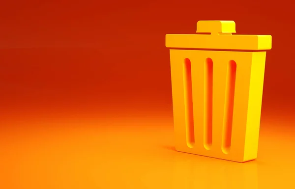 Ícone de lata de lixo amarelo isolado no fundo laranja. Sinal de lixeira. Ícone da cesta de reciclagem. Ícone de lixo do escritório. Conceito de minimalismo. 3D ilustração 3D render — Fotografia de Stock