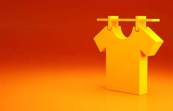 黄色干燥衣服图标孤立在橙色背景.干净的衬衫用衣针把衣服用绳子洗干净.衣冠楚楚，整洁整洁。最低纲领的概念。3D渲染3D插图 — 图库照片
