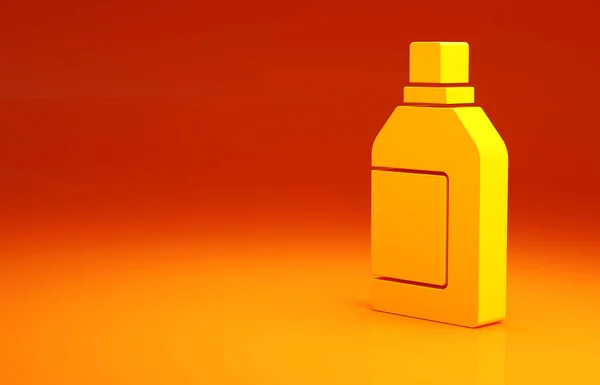 कपड़े धोने के डिटर्जेंट, ब्लीच, डिशवॉशिंग तरल या नारंगी पृष्ठभूमि पर अलग एक और सफाई एजेंट प्रतीक के लिए पीला प्लास्टिक की बोतल। न्यूनतमवाद अवधारणा। 3 डी इलस्ट्रेशन 3 डी रेंडर — स्टॉक फ़ोटो, इमेज