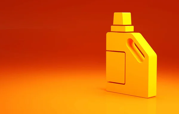 세탁 세제, 표백제, 식기 세척제 또는 오렌지 배경에 분리 된 다른 세척제 아이콘을 위한 노란색 플라스틱 병이다. 미니멀리즘의 개념입니다. 3d 삽화 3D 렌더링 — 스톡 사진