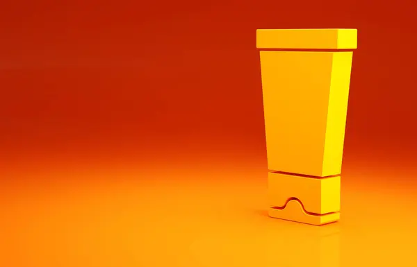 Κίτρινη κρέμα ή λοσιόν καλλυντικά σωλήνα εικονίδιο απομονώνονται σε πορτοκαλί φόντο. Προϊόντα περιποίησης σώματος για γυναίκες. Μινιμαλιστική έννοια. 3d απεικόνιση 3D καθιστούν — Φωτογραφία Αρχείου