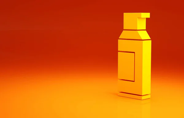 Žlutý sprej pro lak na vlasy, deodoranty, antiperspirant ikony izolované na oranžovém pozadí. Minimalismus. 3D ilustrace 3D vykreslení — Stock fotografie