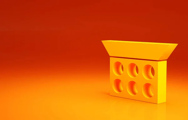Жовтий порошок макіяжу з піктограмою дзеркала ізольовано на помаранчевому фоні. Концепція мінімалізму. 3D ілюстрація 3D рендеринга — стокове фото