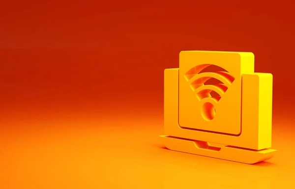 Gul trådlös bärbar dator ikon isolerad på orange bakgrund. Internet of things koncept med trådlös anslutning. Minimalistiskt koncept. 3D-återgivning för 3D — Stockfoto