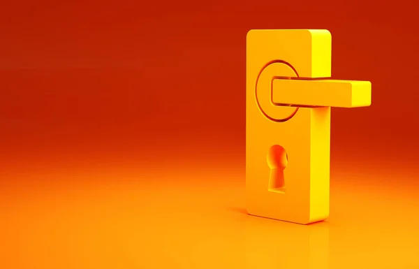 Gele deurkruk pictogram geïsoleerd op oranje achtergrond. Deur op slot. Minimalisme concept. 3d illustratie 3D renderen — Stockfoto