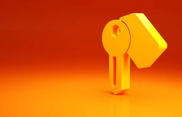 Ikona klucza do drzwi hotelu żółtego izolowana na pomarańczowym tle. Koncepcja minimalizmu. Ilustracja 3D 3D renderowania — Zdjęcie stockowe
