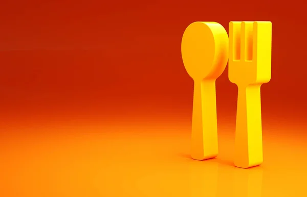 Ícone de garfo e colher amarelo isolado no fundo laranja. Utensílio de cozinha. Sinal de talheres. Conceito de minimalismo. 3D ilustração 3D render — Fotografia de Stock