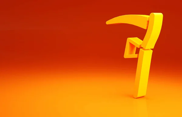 Icône Scythe jaune isolée sur fond orange. Bonne fête d'Halloween. Concept de minimalisme. Illustration 3D rendu 3D — Photo