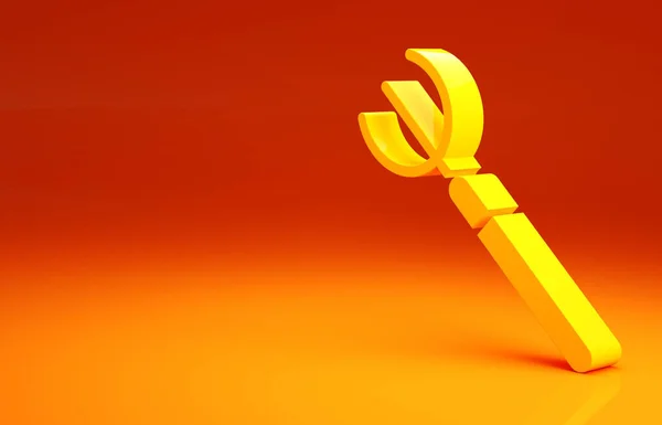 Žluté Zahradní vidlice ikona izolované na oranžovém pozadí. Znak zahradní vidličky. Nástroj pro zahradnictví, zemědělství, zemědělství. Minimalismus. 3D ilustrace 3D vykreslení — Stock fotografie