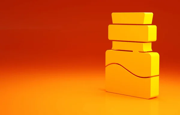 Жовта пляшка з значком зілля ізольована на помаранчевому фоні. Клеймо з чарівним зіллям. Щаслива вечірка на Хелловін. Концепція мінімалізму. 3D ілюстрація 3D рендеринга — стокове фото