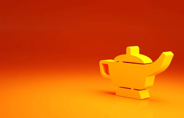 黄色魔法灯或阿拉丁灯图标孤立在橙色背景.愿望的精神灯。最低纲领的概念。3D渲染3D插图 — 图库照片