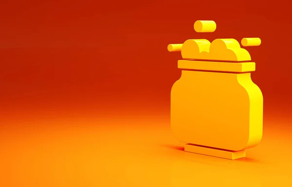 노란 마녀의 가마솥 아이콘은 주황색 배경에 분리되어 있습니다. 해피 할로윈 파티. 미니멀리즘의 개념입니다. 3d 삽화 3D 렌더링 — 스톡 사진