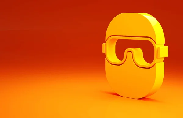 Ícone de óculos de esqui amarelo isolado no fundo laranja. Desporto extremo. Equipamento desportivo. Conceito de minimalismo. 3D ilustração 3D render — Fotografia de Stock