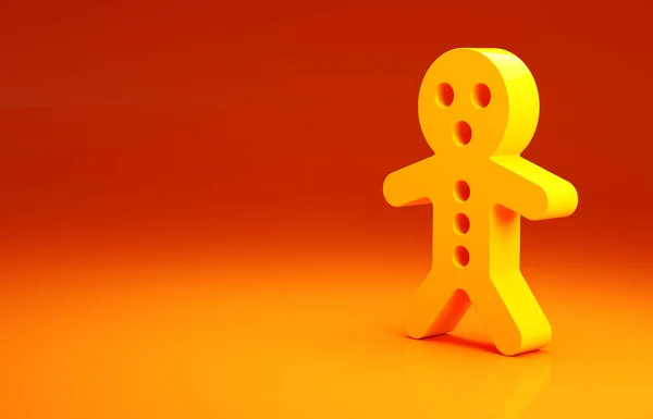 黄色假日姜饼人饼干图标孤立在橙色背景。有糖衣的人的身材。最低纲领的概念。3D渲染3D插图 — 图库照片