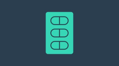 Mavi arka planda, su toplayan paket ikonundaki turkuaz haplar izole edilmiş. İlaç paketi. Tablet, vitamin, antibiyotik, aspirin. 4K Video hareketli grafik canlandırması