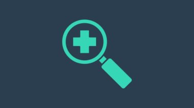 Arama tıbbi ikonu için turkuaz büyüteç mavi arka planda izole edilmiş. Hastane araması. 4K Video hareketli grafik canlandırması