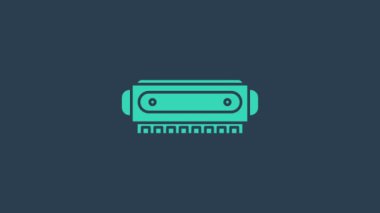 Mavi arkaplanda turkuaz mızıka simgesi izole edildi. Müzik aleti. 4K Video hareketli grafik canlandırması