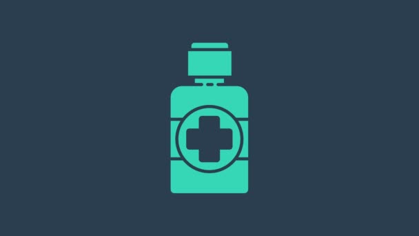 ターコイズ医学シロップアイコンのボトルは青の背景に隔離されています。4Kビデオモーショングラフィックアニメーション — ストック動画