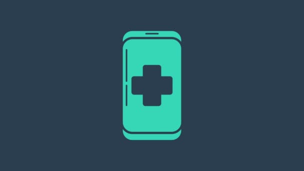 Turquesa Llamada de teléfono móvil de emergencia al icono del hospital aislado sobre fondo azul. Animación gráfica de vídeo 4K — Vídeo de stock