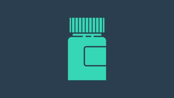 Иконка бутылки бирюзовой медицины выделена на синем фоне. Вывеска с таблетками. Аптечный дизайн. Видеографическая анимация 4K — стоковое видео