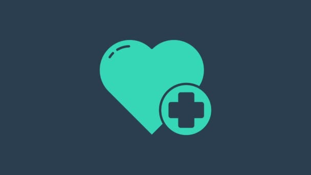 Turquoise Heart dengan ikon salib terisolasi di latar belakang biru. P3K. Perawatan kesehatan, tanda medis dan farmasi. Animasi grafis gerak Video 4K — Stok Video