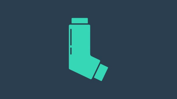 Turquoise Inhaler icon isolated on blue background. Breather for cough relief, inhalation, allergic patient. Medical allergy asthma inhaler spray. 4K Video motion graphic animation — Stock Video