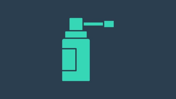 Turkusowa butelka medyczna z rozpylaczem dyszy do leczenia chorób nosa i gardła ikona izolowana na niebieskim tle. 4K Animacja graficzna ruchu wideo — Wideo stockowe