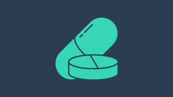 Pil Turquoise Medicine atau ikon tablet diisolasi dengan latar belakang biru. Kapsul pil dan tanda obat. Desain Farmasi. Animasi grafis gerak Video 4K — Stok Video