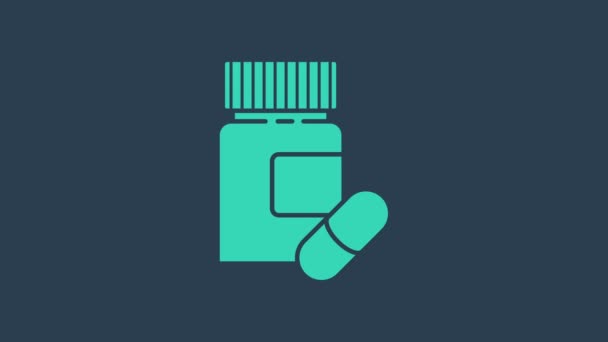 ターコイズ医学ボトルと錠剤のアイコンは青の背景に隔離されています。瓶の丸薬のサイン。薬局の設計。4Kビデオモーショングラフィックアニメーション — ストック動画