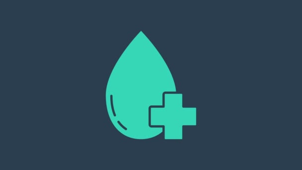 Turquoise Donate drop blood with cross icon isolated on blue background. 4K Video motion graphic animation — Stock Video